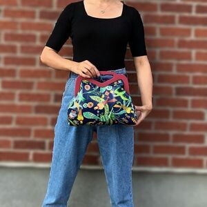 Handmade Genuine Leather Floral Printed Large Wooden Frame Bag/ Crossbody